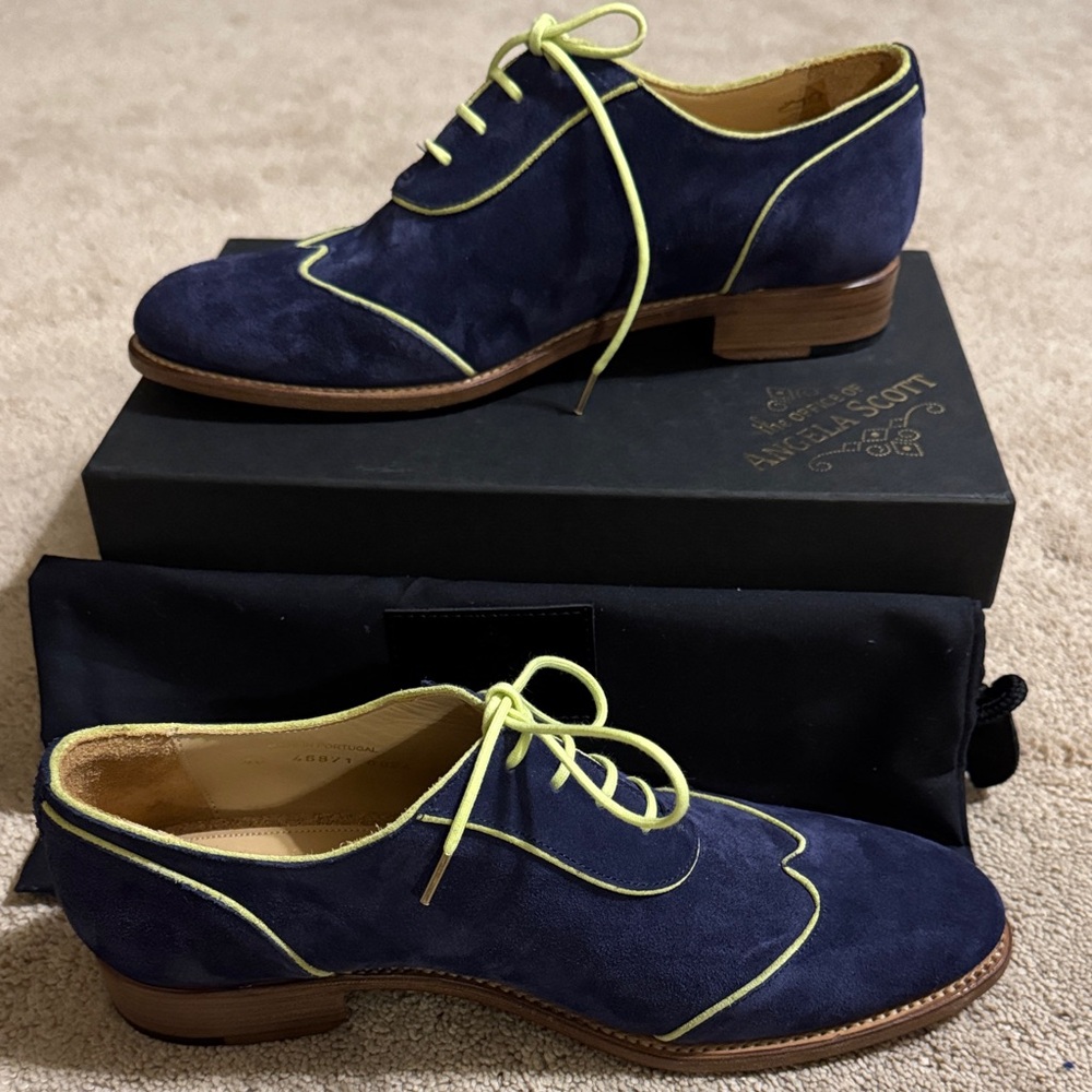 Angela Scott Navy Suede Lace-Up Loafers with Lime Trim - Picture 2 of 7